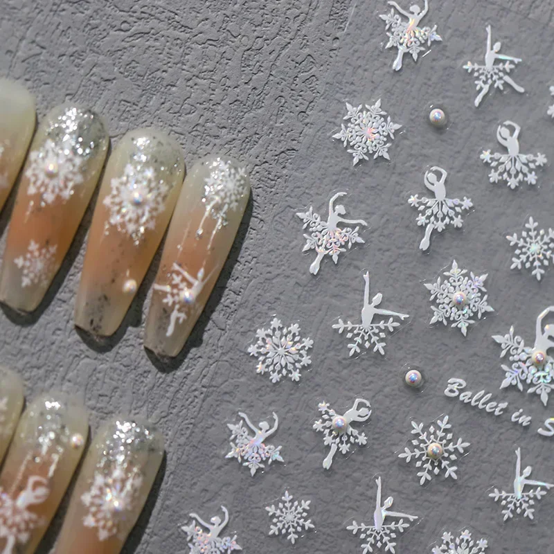 Luxus Designer weiße Schneeflocke glänzende Schmetterling Bowknot bunte Ballett Perle 3d selbst klebende Nail Art Aufkleber Maniküre Aufkleber