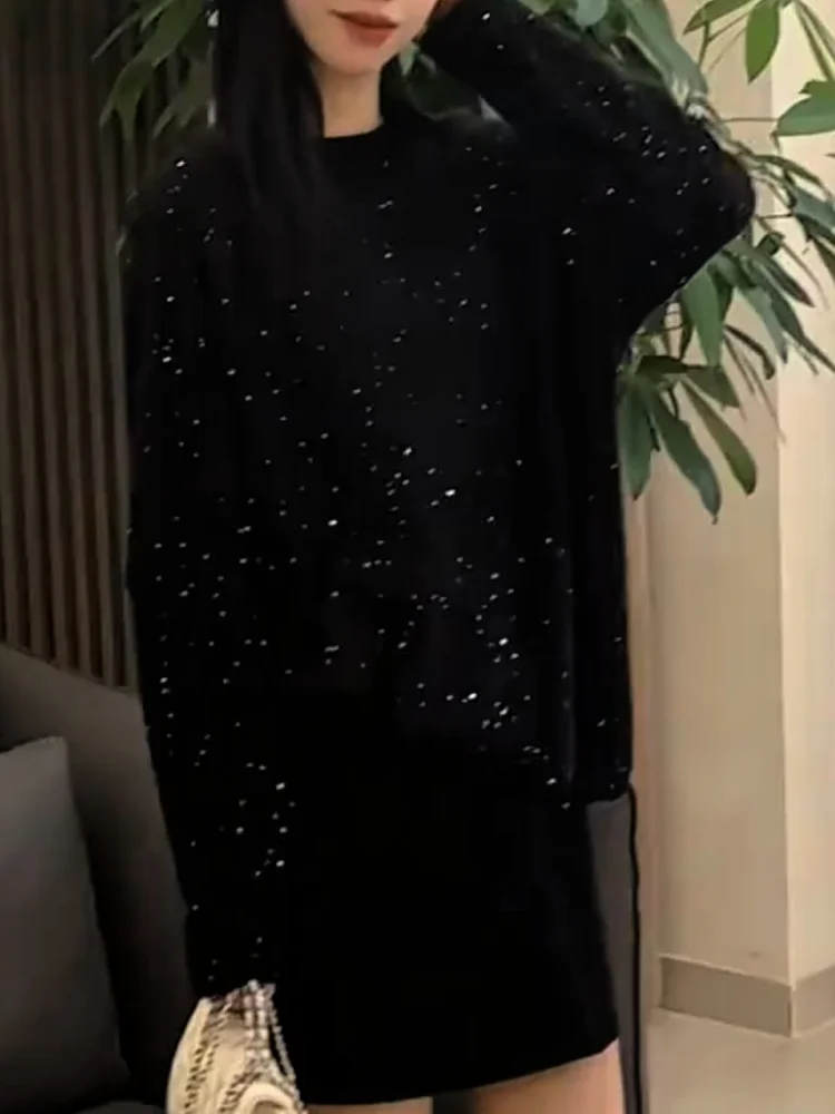 

Ele Sparkling round Ne Top plus Size Faionable Agel Versatile Autumn 2025 New Arrival Korean Sle Camere Blend