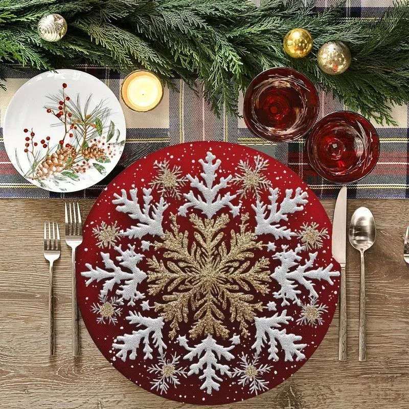 Wine Red Gold and Silver Snowflake Round Christmas Placemat, Wear-Resistant Plate Mat for Home Dining Table Decor