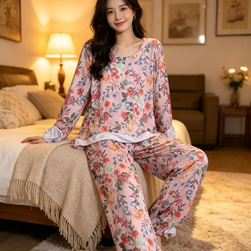 Women Floral Print Ice Silk Pajama Set, Double Layer Soft Silky 2 Piece Sleepwear, Long Sleeve Top & Pants Loungewear For Home