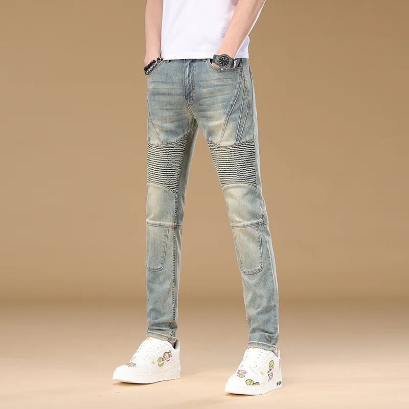 

Новинка 2023 года, джинсы в стиле ретро, мужские модные уличные джинсы с морщинами, облегающие модные брендовые мотоциклетные эластичные брюки с небольшой ногой