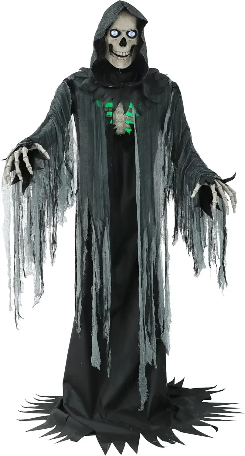 10-Ft. Tall Towering Reaper, Plug-in Talking Scare Prop Animatronic with Spooky Sound Effects and Lights for Indoor