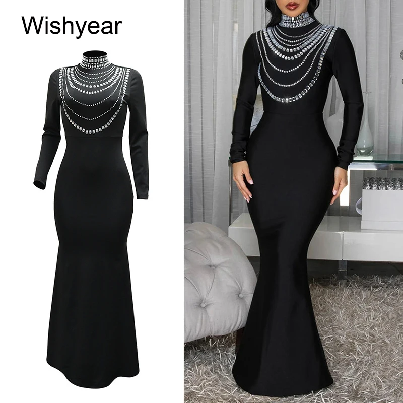 New Christmas Luxury Rhinestones Mermaid Black Dresses Women Long Sleeve Slim Wedding Guest Birthday Prom Formal Party Gowns