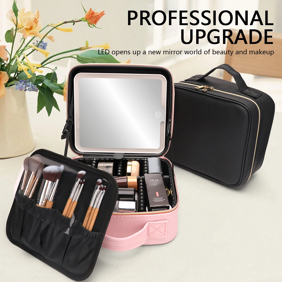 PU Leather Cosmetic Case with Mirror Smart LED Lighted Waterproof Portable Travel Makeup Storage BagsTravel Makeup Bags