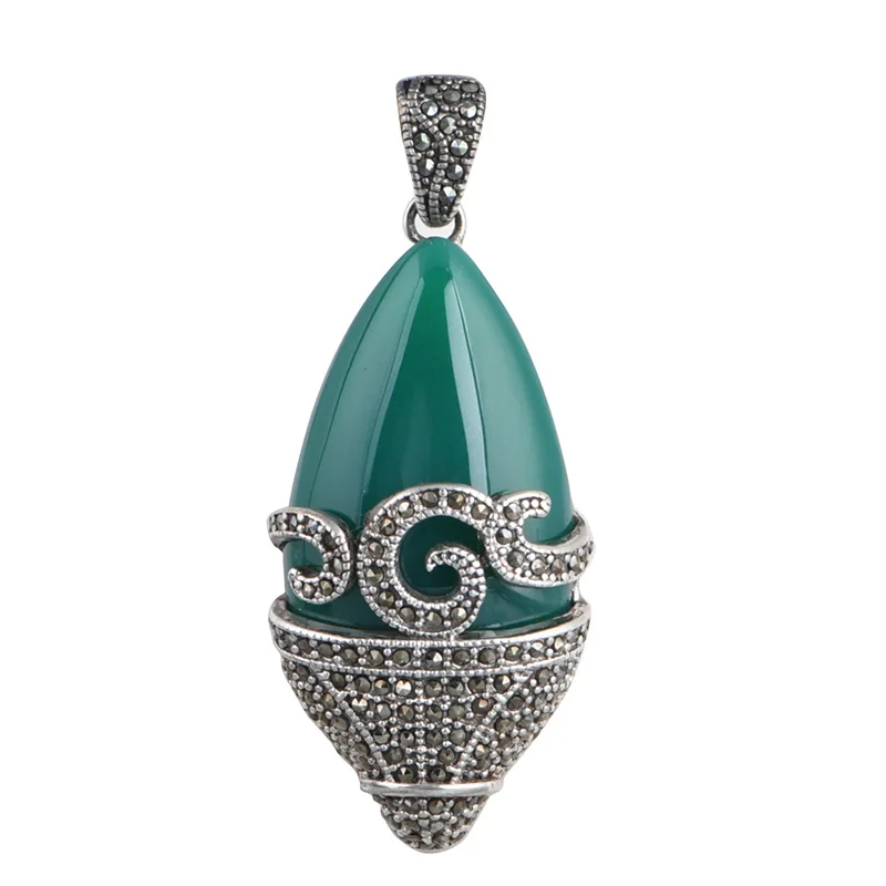

Natural Green Agate Water Drop Pendants for Women 925 Silver Marcasite Exotic Jewelry Vintage Thai Silver Necklaces NO Chains