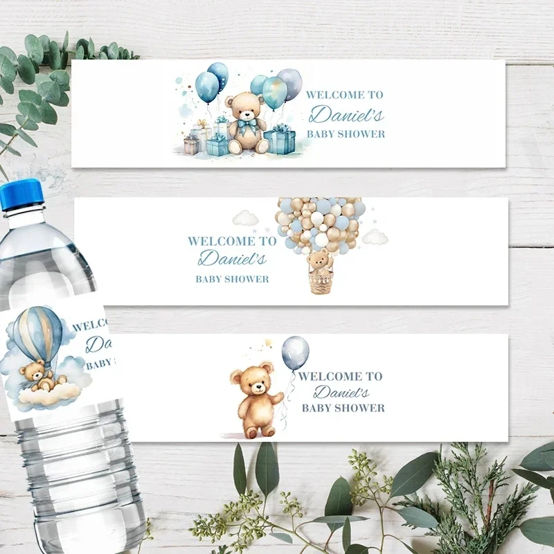 Custom Cute Teddy Bear Water Bottle Labels Sticker Baby Shower Baby Girl Boy Birthday Baptism Label Personalized Gender