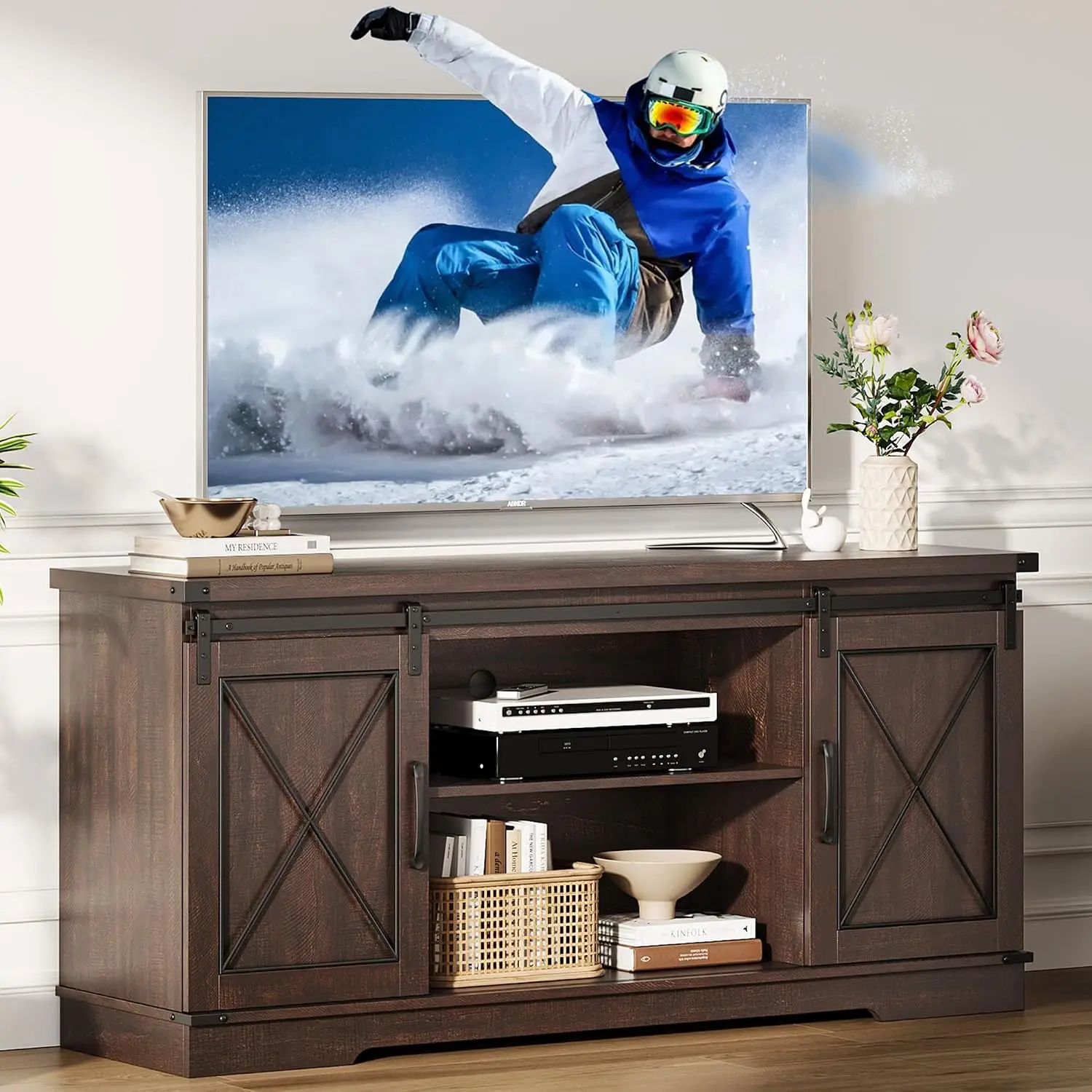 Farmhouse TV Stand Sliding Barn Doors 65 Inch Living Room Entertainment Center, Customized