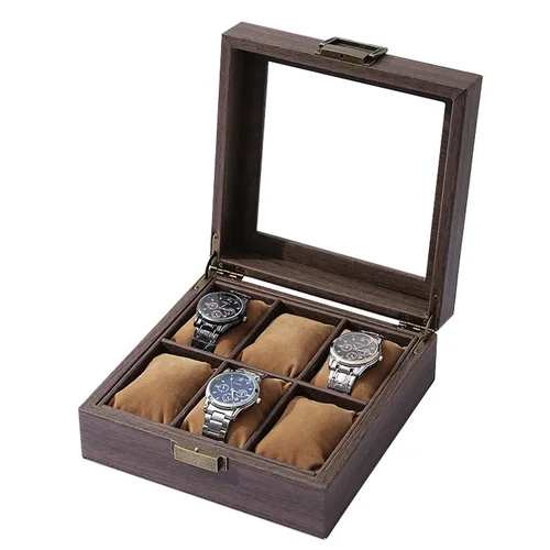 Caja de presentación de colección de almacenamiento de relojes cuadrada de 6 bits de cuero PU de grano de madera, caja de almacenamiento de joyería de reloj de alta gama, caja de joyería para hombres