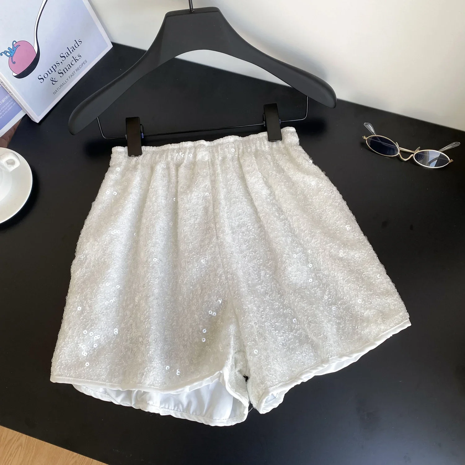 Basics Vintage High Waist Elastic Waist Chic Glitter Sequin Short Pants Hotsweet Streetwear High Street Women Casual Clothing