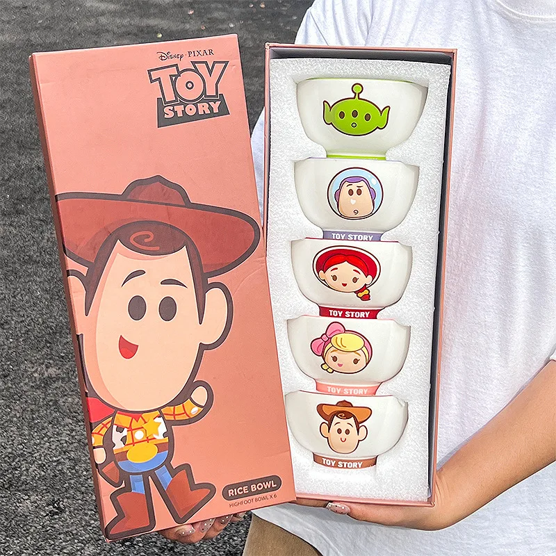 Kawaii toy story woody buzz lightyear jessie conjunto de talheres de cerâmica infantil fofo desenho animado casa tigela de arroz caixa de presente