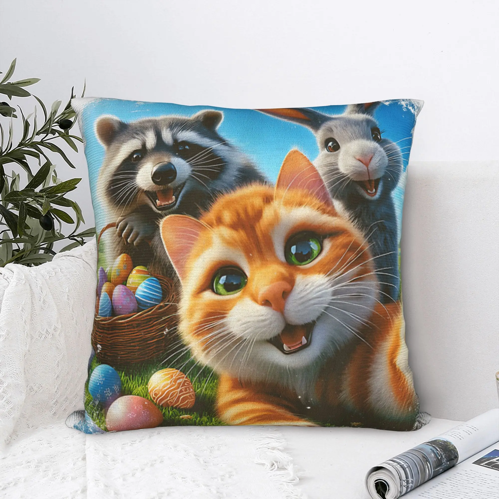 Pillow Case Cat Taking Selfie Easter Bunny Rabbit Comfy  Pillow Cover For Office Car Home Decor Cute Funny Pillowcases