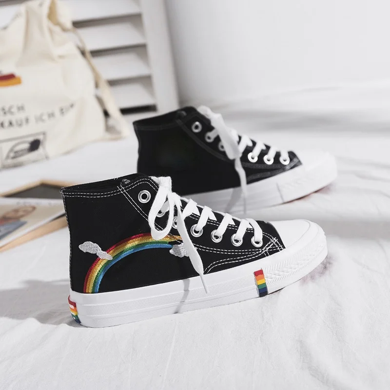 Women Canvas Sneakers Rainbow High Top Canvas Shoes Woman Sneakers Vulcanized Shoes Fashion Summer Sneaker Flats White Shoes