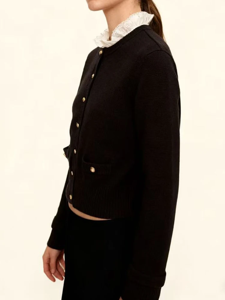 

Модный темно-коричневый свитер с воротником-грибком, кардиган, женское французское элегантное однобортное вязаное пальто, топы, женские топы