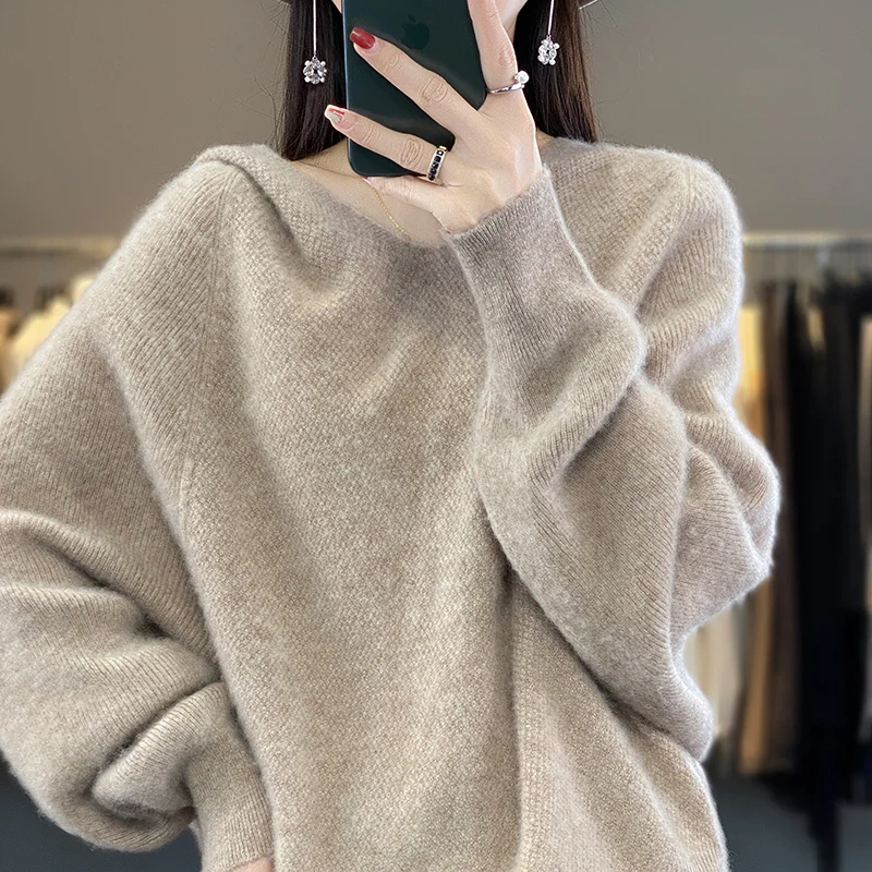 2024 New Cashmere Sweater European Beautiful Fashion Sweater Female Autumn and Winter Korean Version Loose Hooded Sweater Female