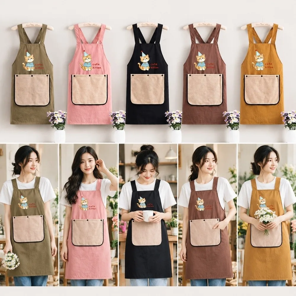 Cartoon Cat Kitchen Apron Waterproof Sleeveless Cooking Baking Bibs with Removable Hand Towel Anti-fouling Restaurant Uniform