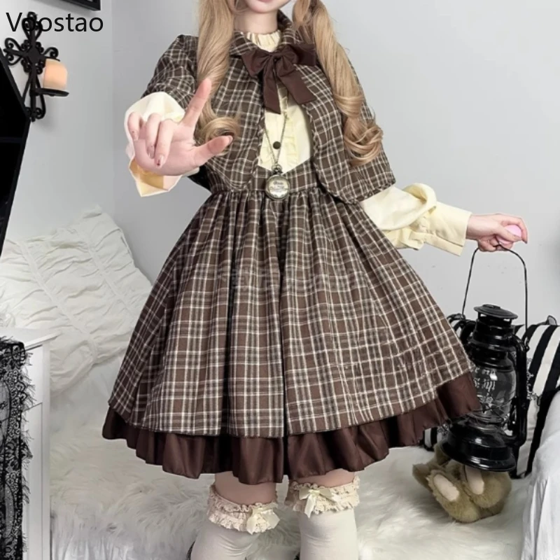 Preppy Style Gothic Lolita Plaid Dress Cloak Set Women Halloween Detective Cosplay Costumes Party Mini Dresses Punk Y2k Dress