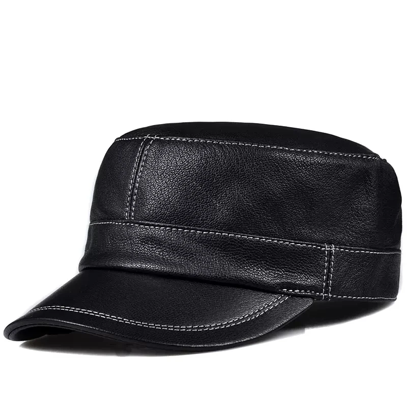 Trendy Lambskin Leather Flat Top Hat Men Single Korean Fashion Panelled White Stitch Casual Duck Tongue Cap Male Trucker Hats