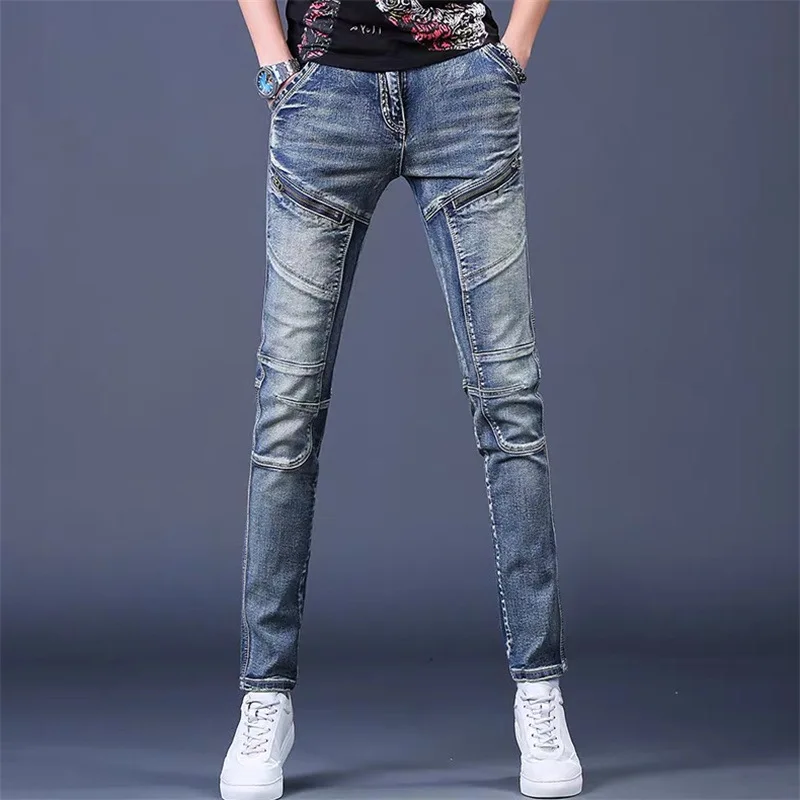 Celana Panjang Denim Biru Dicuci Antik Trendi Kasual Sambungan Kurus Pria Fashion Baru Musim Semi Musim Gugur 2025 Celana Jeans Pria Pakaian Jalanan