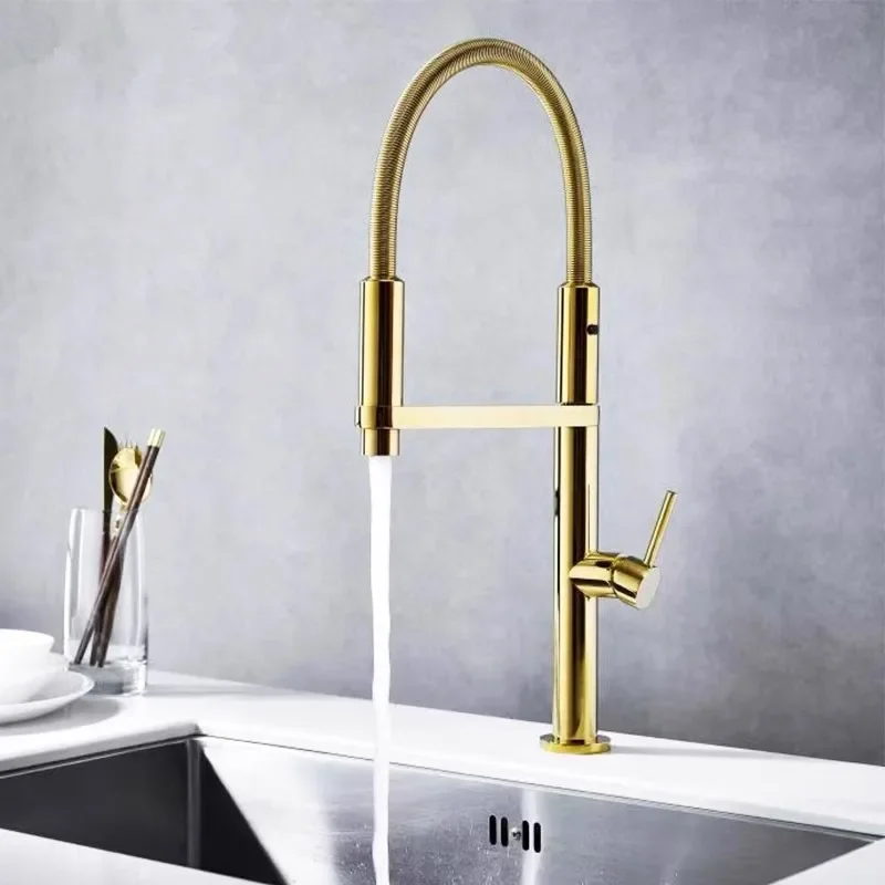 Gold Kitchen Faucet Brass Fodable Pull Down Sink Pull Out Black Sink Spring Spout Mixer Tap Hot Cold Water Crane