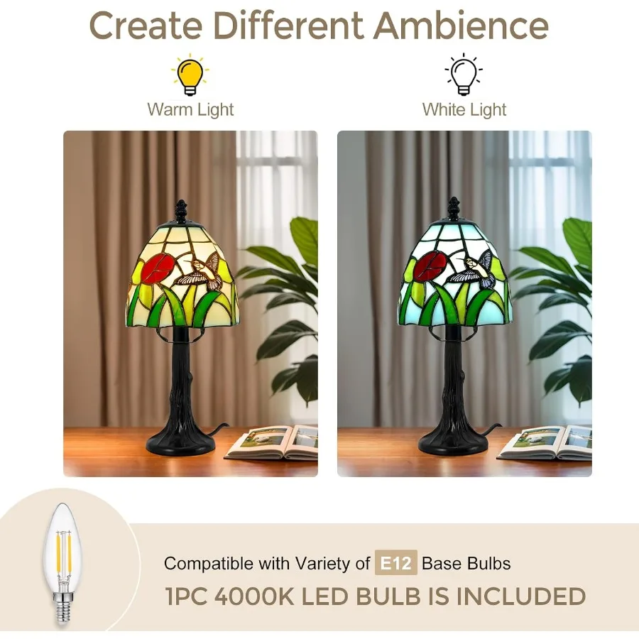 تيفاني نمط الجدول مصباح 6 بوصة مصابيح طاولة من الزجاج الملون مع الطائر الطنان زهرة خمر تصميم صغير LED مكتب ضوء ليفين #3