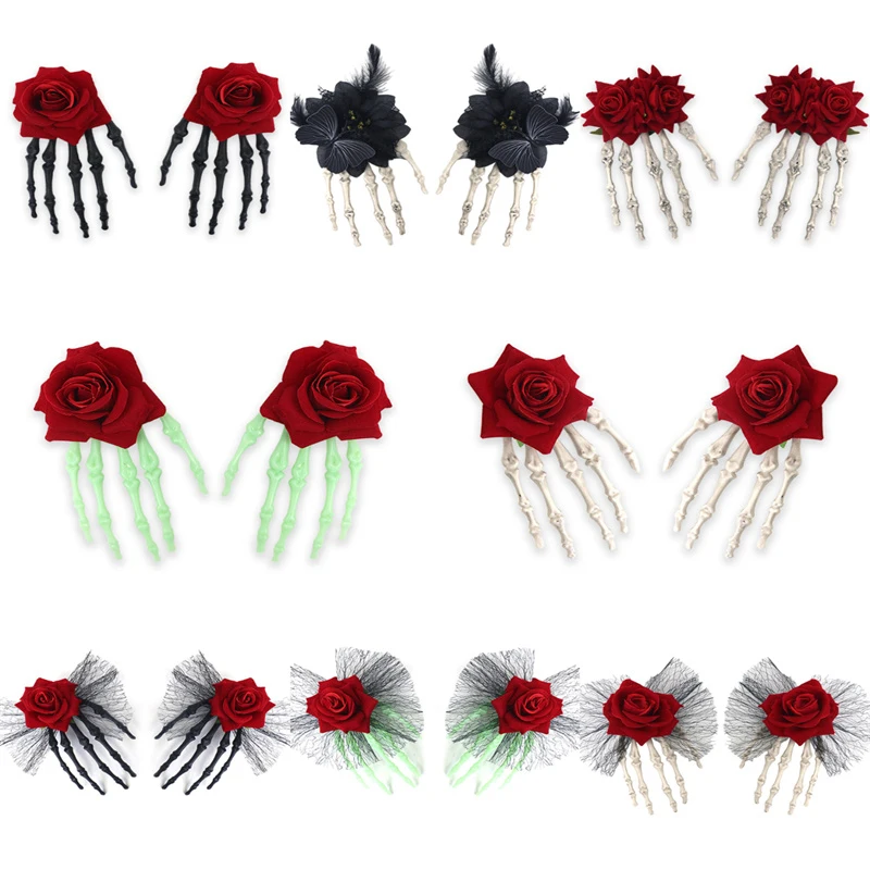 1Pair Skull Skeleton Hand Retro Rose Hair Clip Cos Hair Accessories Bone Hairpin Halloween Party Gifts Women Hair Accessories