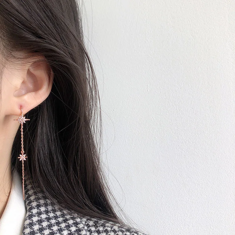 Long Tassel Octagonal Star Earrings 925 Sterling Silver Sparkling Star Temperament Ear Buckle Fashionable Jewelry Gift