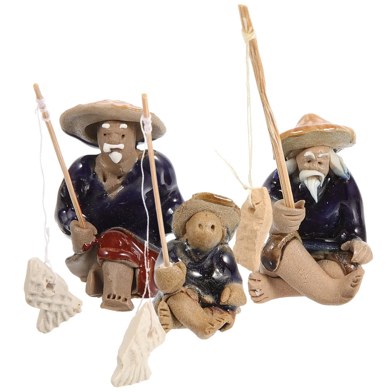 3Pcs Ceramic Fisherman Statue Miniature Fishing Figure for Aquarium Decor Bonsai Landscape Home Office Desk Ornament Fish Tank