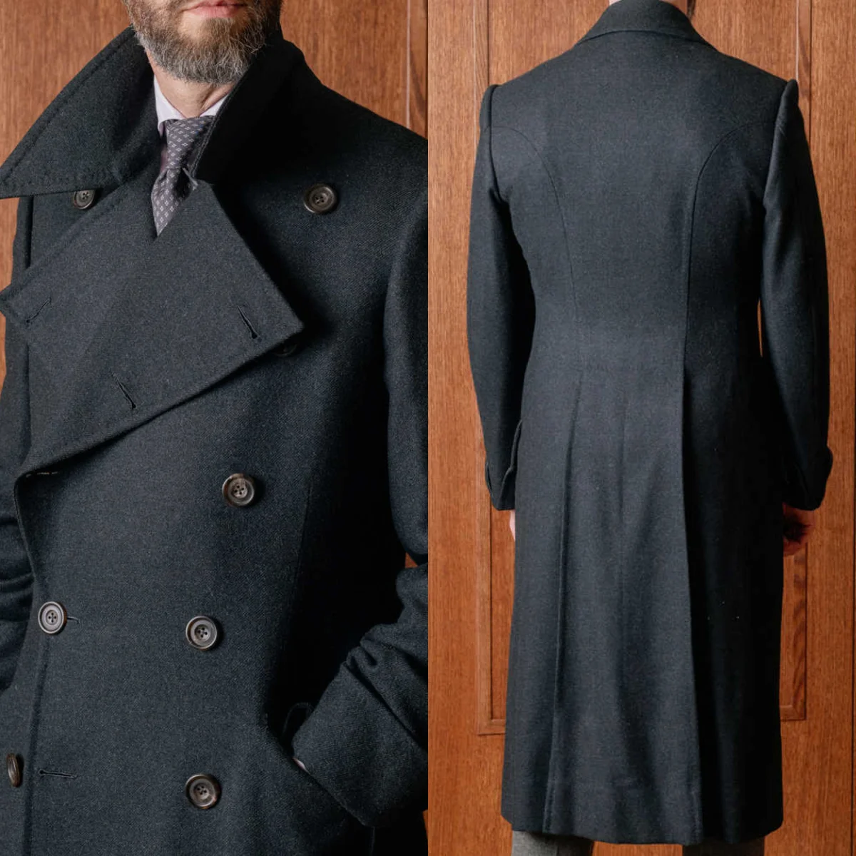 

Fashion Double Breasted Wool Trench Coat For Men Long Length Wedding Groom Formal Overcoat Winter Blazer Customized