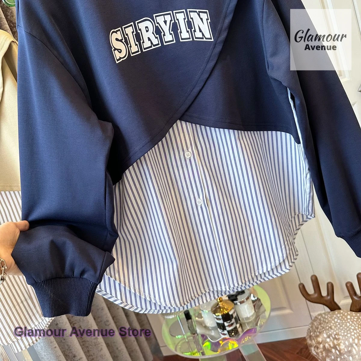 French style fashion plus size high sense stripe stitching sweater women spring and autumn loose temperament niche fake two tops