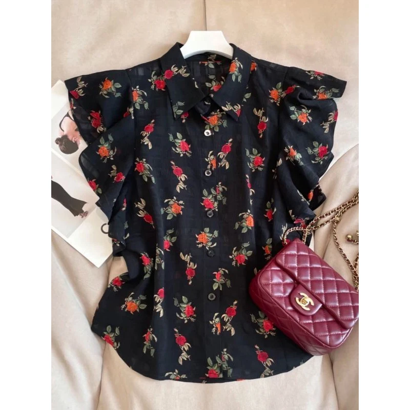 

Women Clothing Contrast Floral Temperament Shirt Tops Summer New Polo Neck Print All-match Thin Vintage Blouse Elegant Fashion
