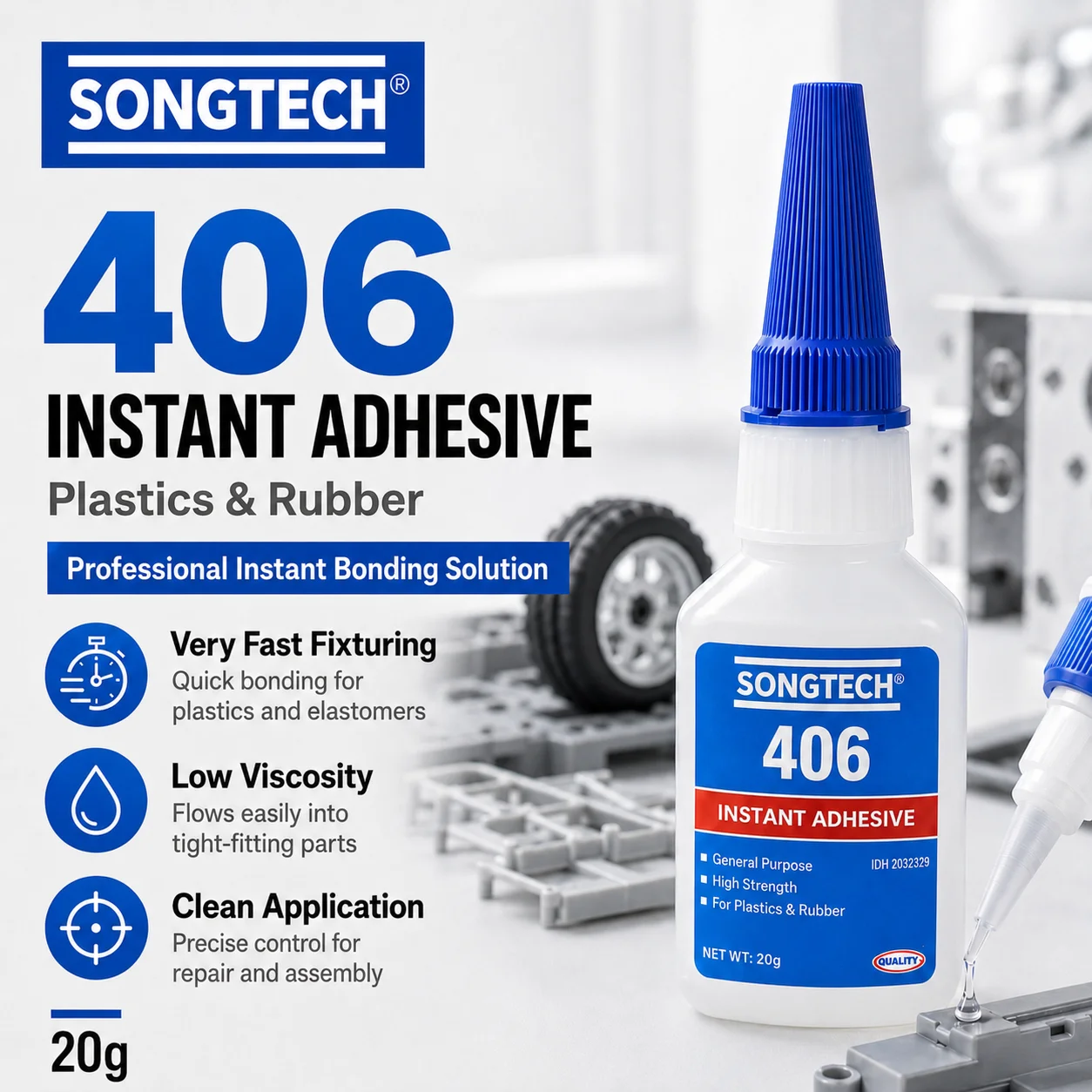 Pegamento Instantáneo SongTech Loctite 406, Superpegamento para Plástico y Goma, Adhesivo de Cianocrilato de Secado Rápido, Pegamento de Reparación de Secado Rápido