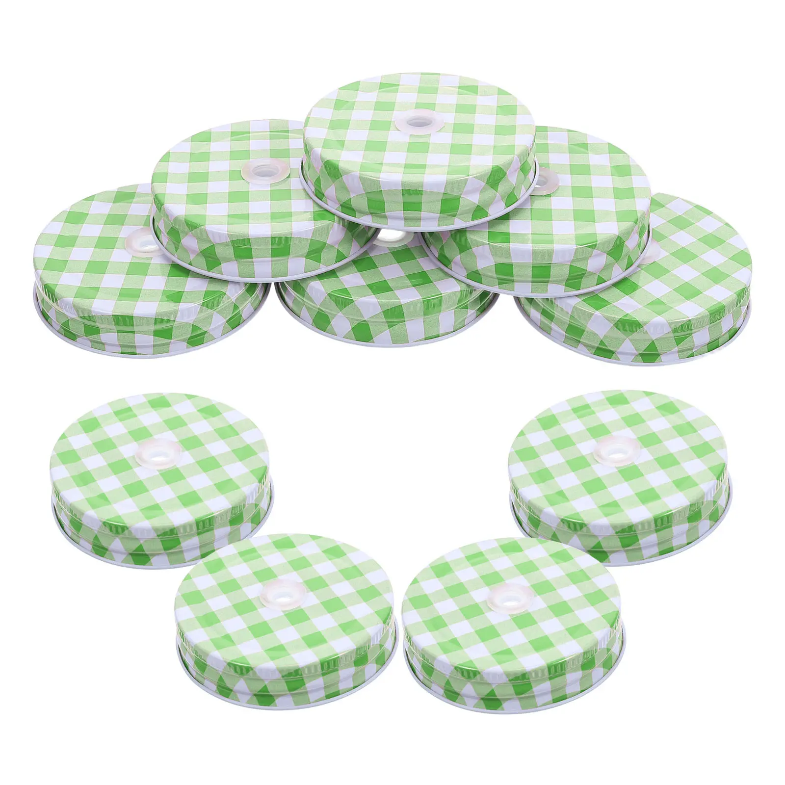 10Pcs Mason Jar Lids Straw Hole Green Gingham Checkered Regular Mouth Decorative Tinplate Covers 70Mm Mason Jar Drinking Lids
