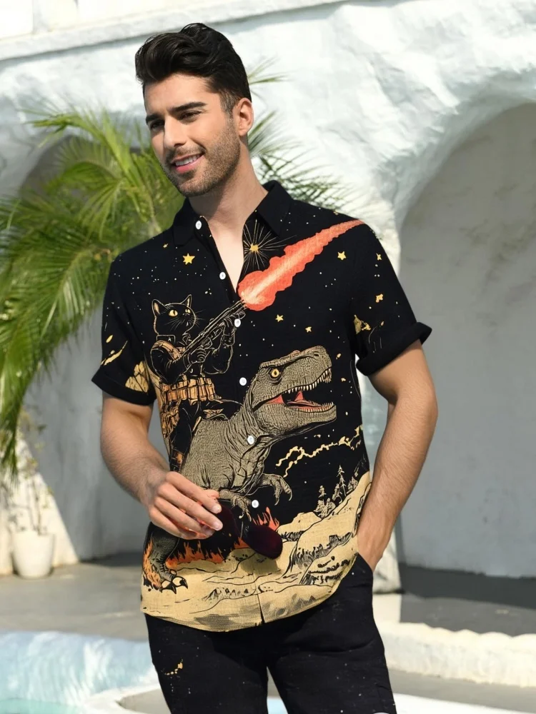 

Japanese Art Style Shirts Men's Black Cat Soldier And Dinosaur Print Short Sleeve Shirt Casual Bohemian Lapel Neck Buttons Tops