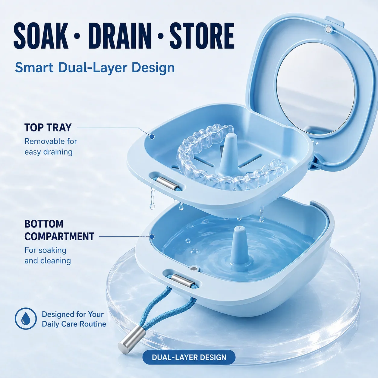 Portable Retainer Case with Mirror Dual Layer Soaking Cleaning Box for Aligners Dentures Orthodontic Storage Travel Case Adults