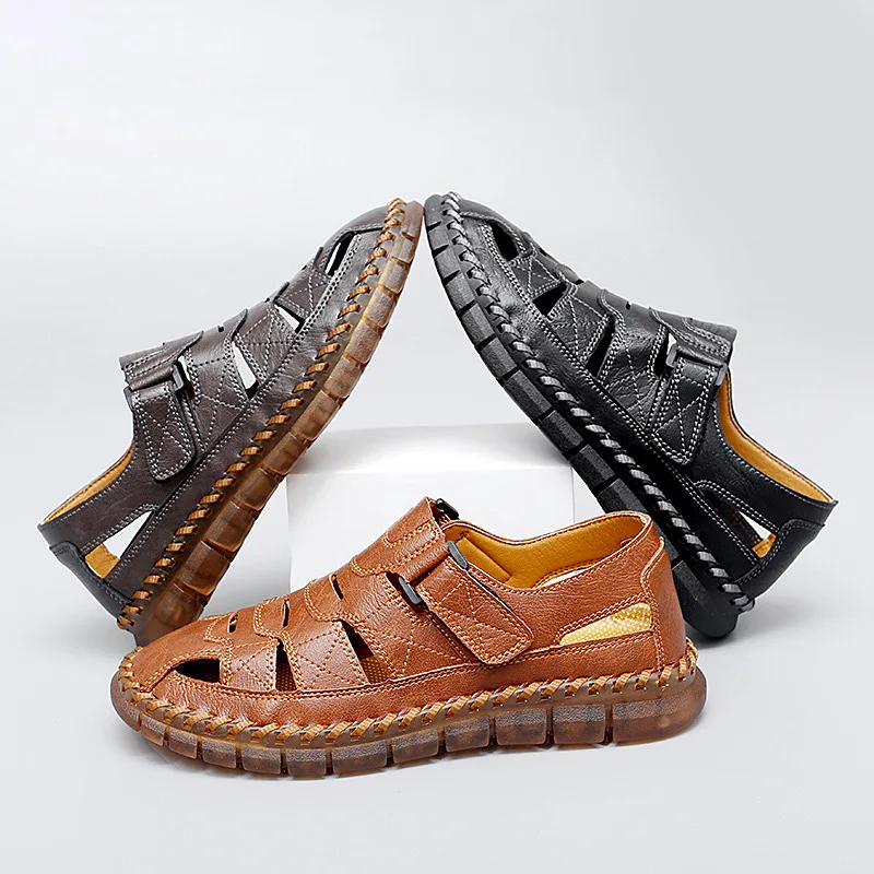 Sandalias de piel auténtica para hombre, zapatos antideslizantes de punta redonda, cómodos y ligeros, a la moda, combina con todo, de diseñador de verano