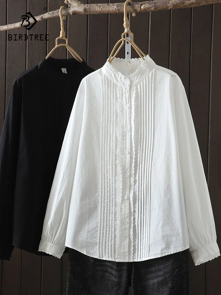 

New 2025 Autumn Cotton Long Sleeve Shirt, Women Stand Folds Embroidery, Mori Girl Commute Age Reduction Loose Blouse T58322CC