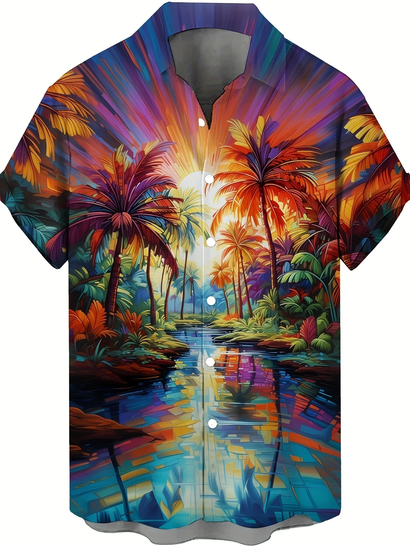 

Men's colorful beach themed tropical coconut tree pattern lapel shirt, short sleeve design, button front closure, summer casual