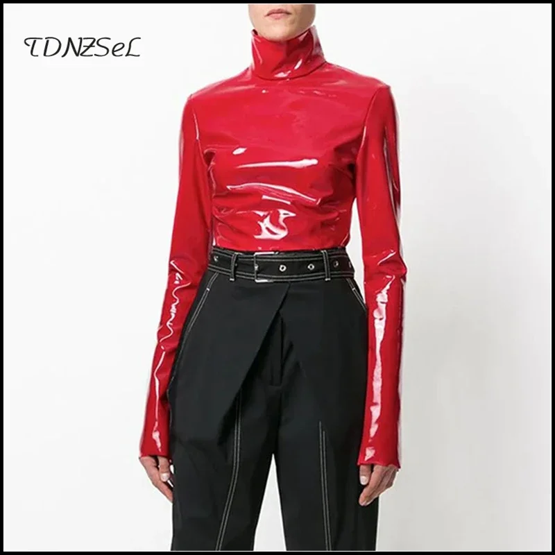 Women Vintage Latex Leather High Neck Tops Black Highstreet Turtleneck Warm Pullover Long Sleeve Red PU Zipper T Shirt Custom