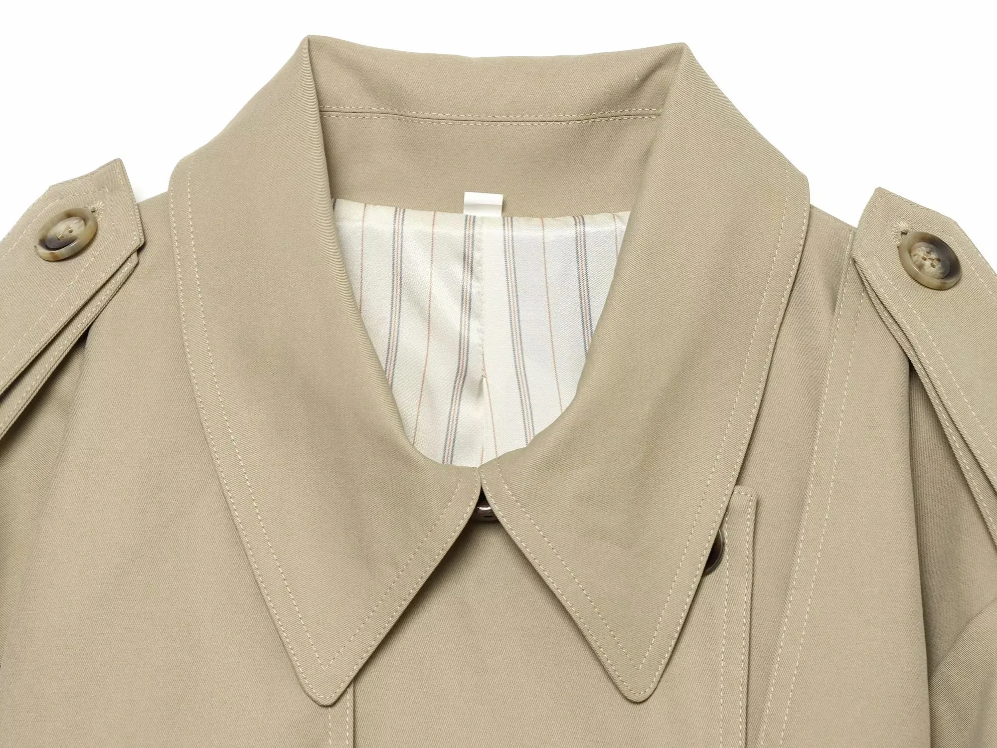 Damen 2026 Neue Modekollektion Khaki Eleganter Doppelreihiger Gürtel-Trenchcoat mit Schulterklappen Kurzer Windbreaker Damen-Oberbekleidung – Detail 11