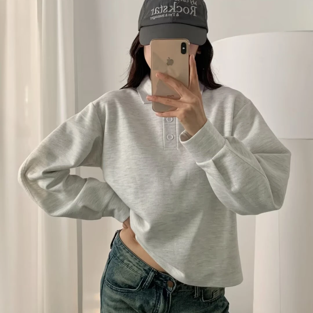 고품질 베이직 스페이스 코튼 Ne 스웨트 여성용 심플 턴다운 칼라 박시핏 피부 친화적인 에어 레이어 롱 슬리브