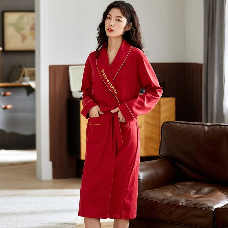 2024 Autumn Plus Size Long Sleeve Cotton Kimono Robes for Women High Quality Loose Sleepwear Bathrobe Men Homewear Home Clothes