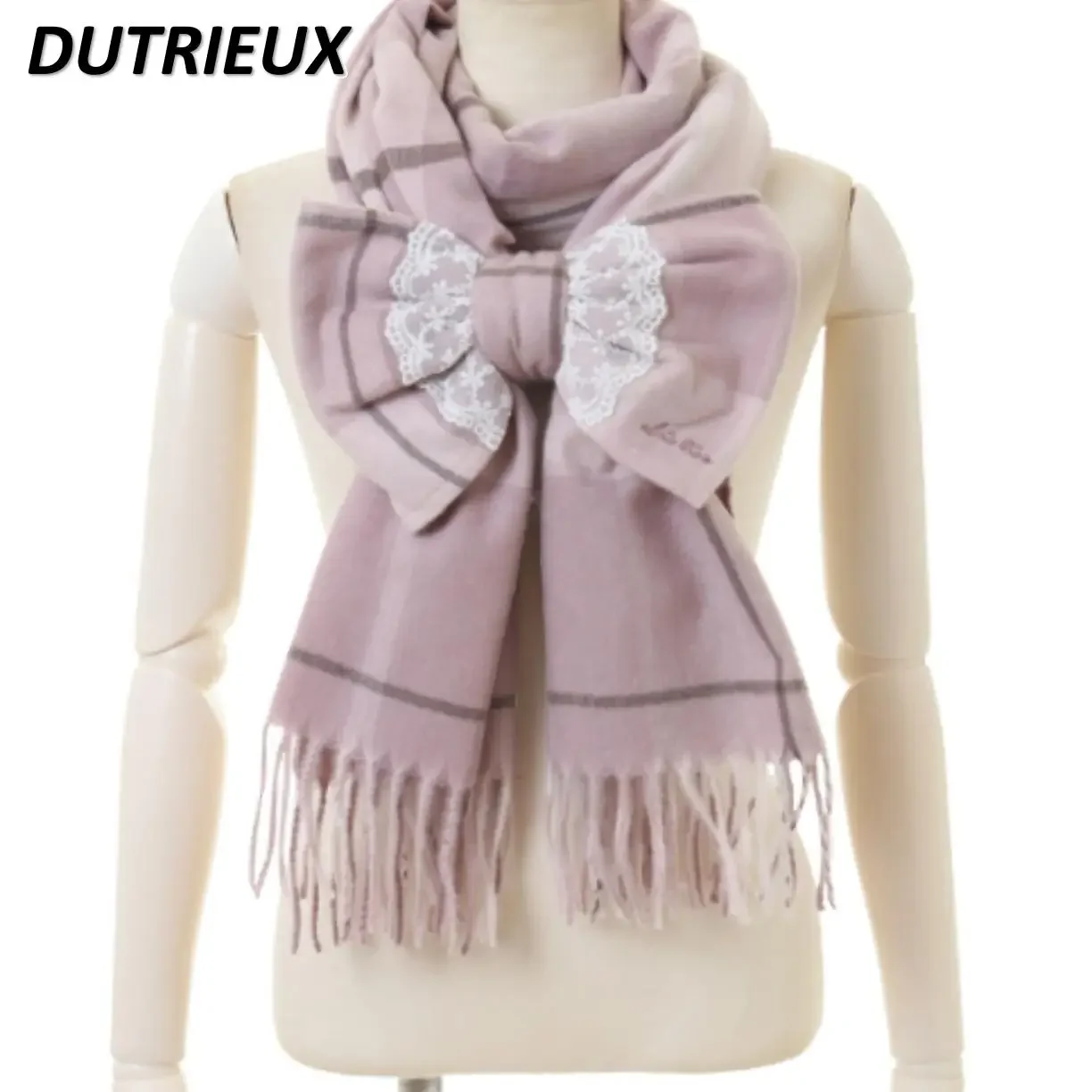 Autumn and Winter New Sweet Cute Girls Plaid Lace Bow Scarf Japanese Style Versatile Outdoor Warm Fringed Scarf Accessories