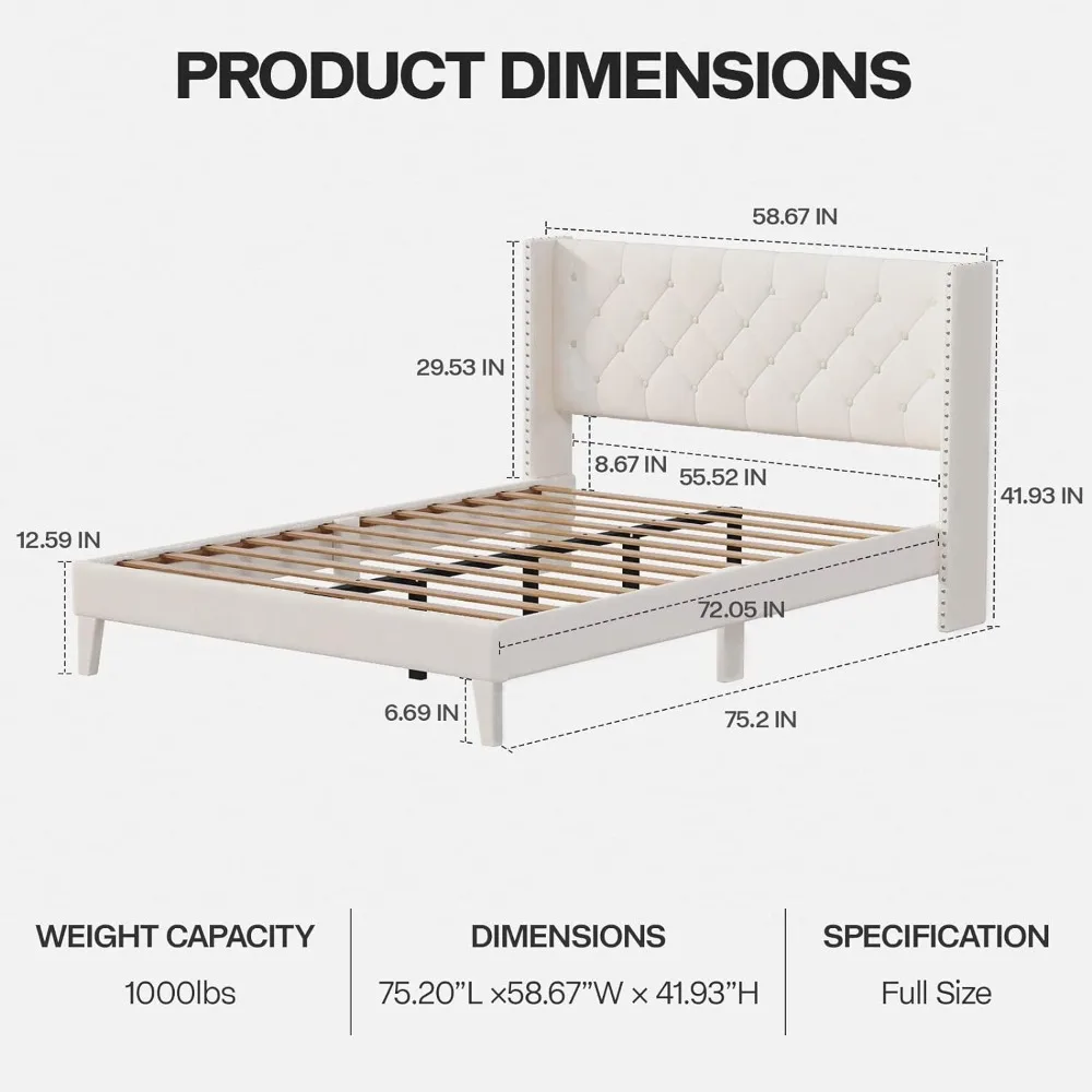 DOGIBIXO Full Size Bed Frame with Wingback Headboard, Upholstered Platform Bed Frame with Diamond Tufted Headboard & Lights, Woo