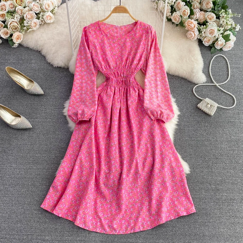 Vestido Floral Dulce con Corte en A, E Cuello Redondo, Manga Larga, Cintura Ajustada, Falda Midi de Cintura Alta, Esti...