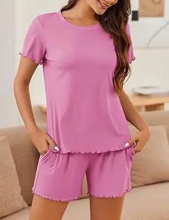 Women's Casual Solid Color Pajama Set Short Sleeve Top And Soft Elastic Shorts Comfortable Relaxed Fit Loungewear And Sleepwear