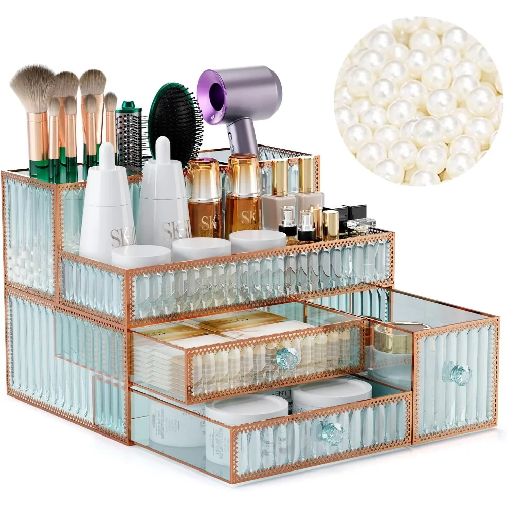 Makeup Organizer Countertop - Tempered Glass Dresser Organizer Makeup, Skin Care, Hair Tools, Brushes, Perfume