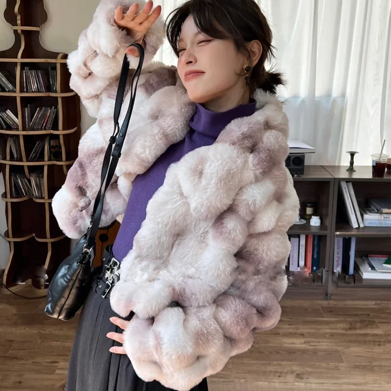 Fashion Tie-dye Gradual Change Fur Coat Women Lapel Fur Coat Winter Horn Buckle Plush Coat for Women