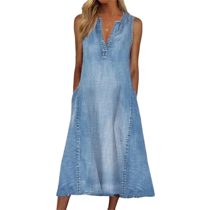 

2024 Summer Thin Sleeveless Denim Blue Dress Women V Neck Pullover Dresses Female Comfortable Casual Loose Gown Trend Streetwear