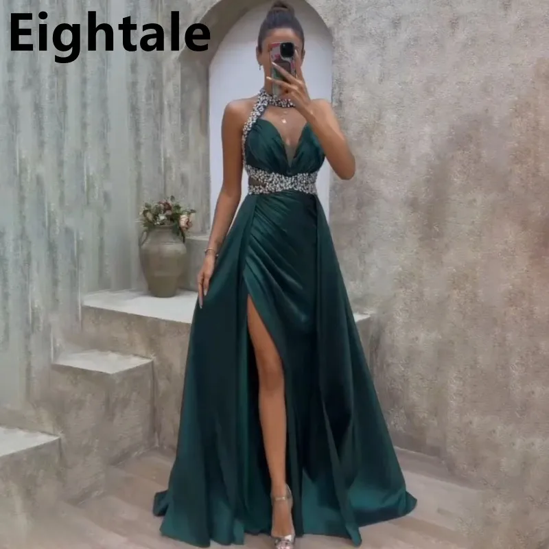 

Eightale 2024 Halter Neck Beaded Evening Dress For Wedding Party A Line Sexy Slit Green Satin Prom Dress Dubai Party Gown New