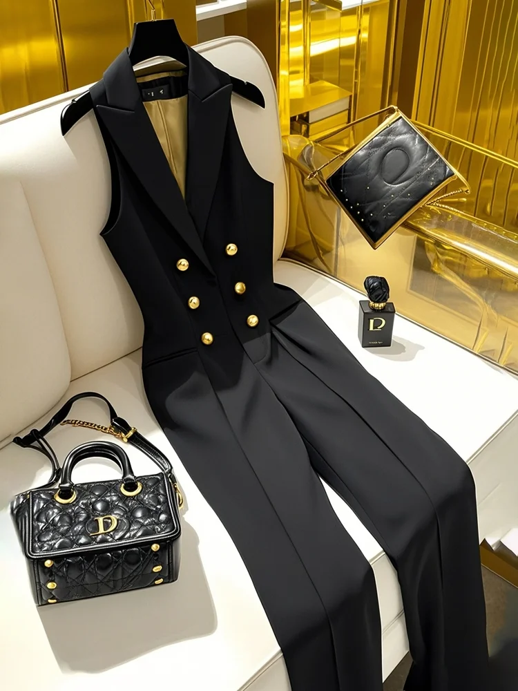 

New French High End Black Jumpsuit Women Fashion Slim High Waist Sleeveless Straight Pants Elegant Jumpsuit Office Lady